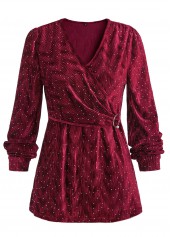 Velvet Wine Red Long Sleeve V Neck Blouse
