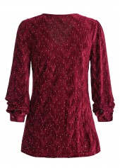Velvet Wine Red Long Sleeve V Neck Blouse