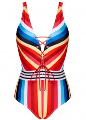 Striped Lace Up Wide Strap One Piece Swimwear