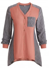 Patchwork Orange Long Sleeve V Neck Blouse