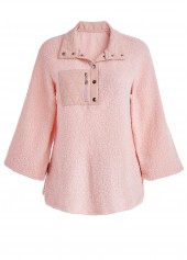 Jacquard Light Pink Long Sleeve Turn Down Collar Sweatshirt