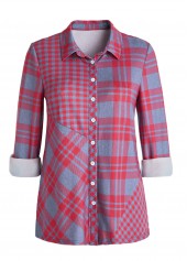 Plaid Button Red Long Sleeve Shirt Collar Blouse