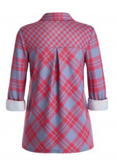 Plaid Button Red Long Sleeve Shirt Collar Blouse
