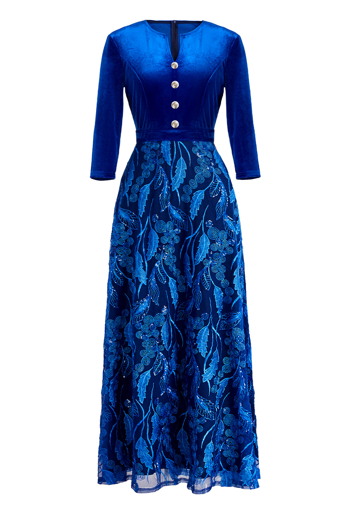 Velvet Royal Blue Three Quarter Length Sleeve Maxi Dress