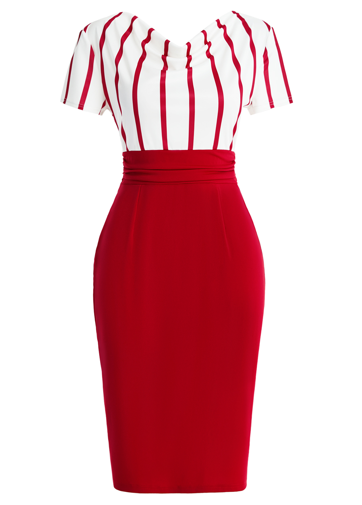 Striped Bowknot Red Short Sleeve Draped Neck Bodycon Dress