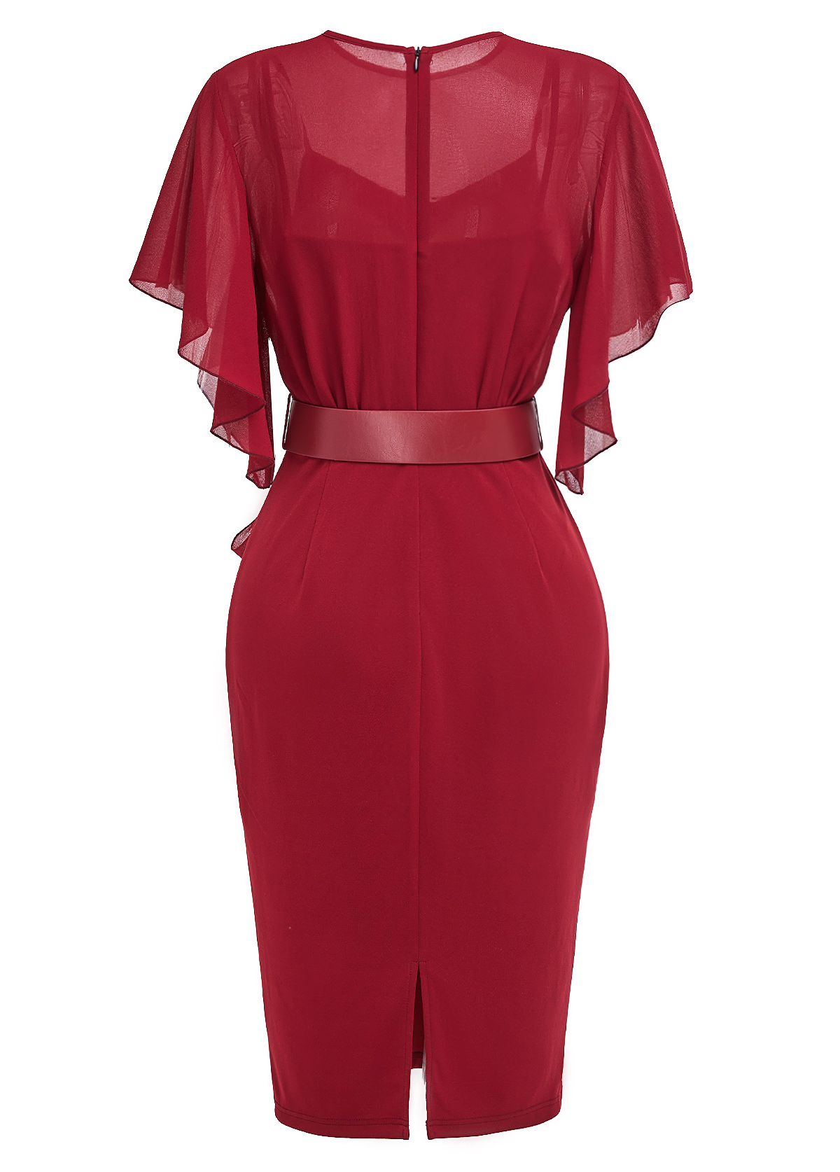 Tie Belted Wine Red Short Sleeve Bodycon Dress
