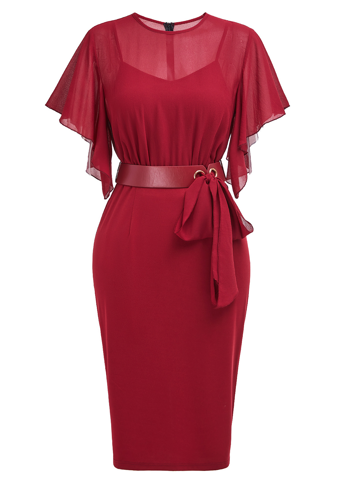 Tie Belted Wine Red Short Sleeve Bodycon Dress