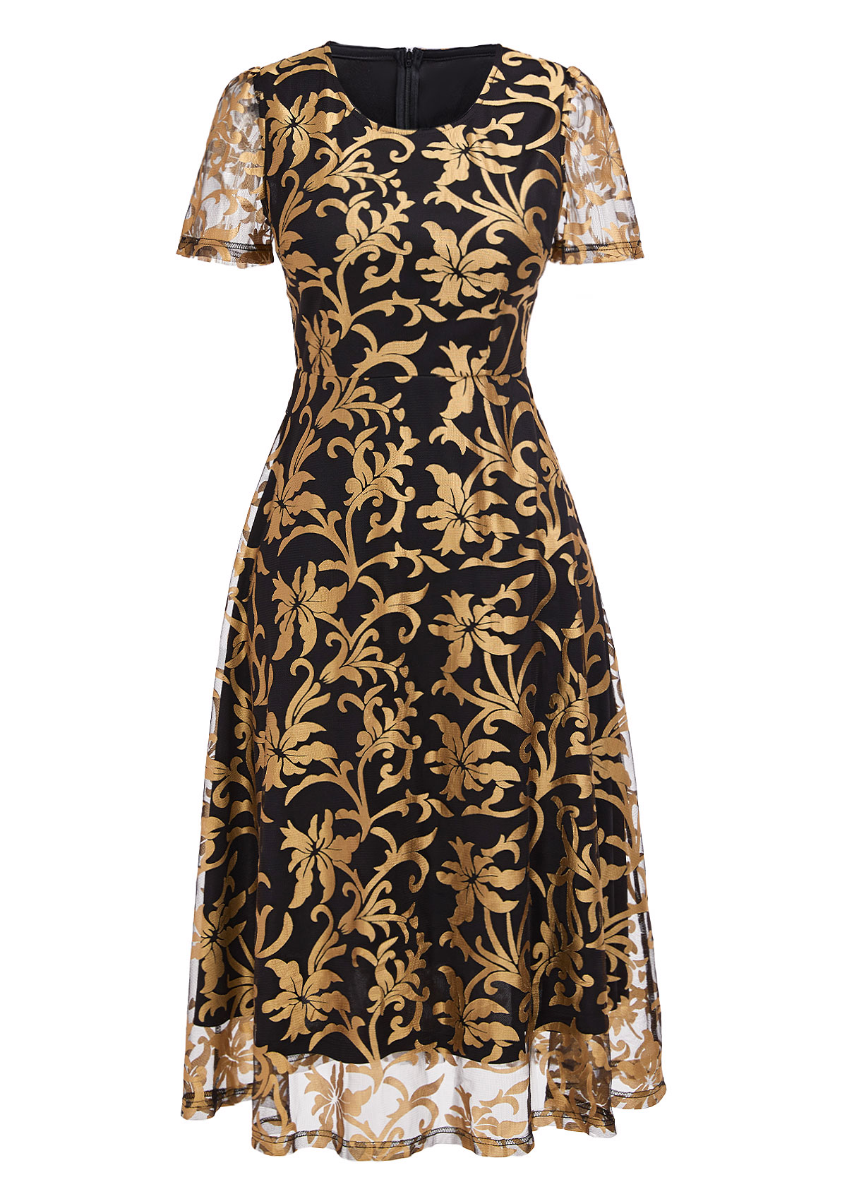 Floral Print Layered Golden Short Sleeve Round Neck Dress