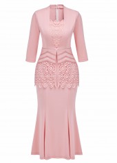 Fake 2in1 Pink 3/4 Sleeve Square Neck Bodycon Dress
