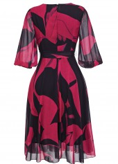 Graffiti Print Layered Belted Black 3/4 Sleeve Dress