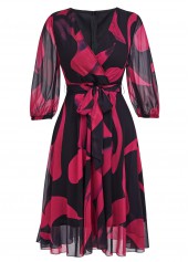 Graffiti Print Layered Belted Black 3/4 Sleeve Dress