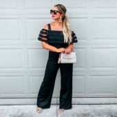 Strappy Cold Shoulder Black Ruffle Overlay Jumpsuit 