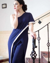 One Shoulder Navy Blue Contrast Trim Jumpsuit