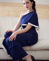 One Shoulder Navy Blue Contrast Trim Jumpsuit