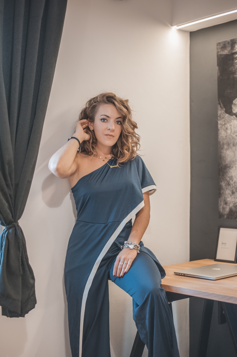 One Shoulder Navy Blue Contrast Trim Jumpsuit