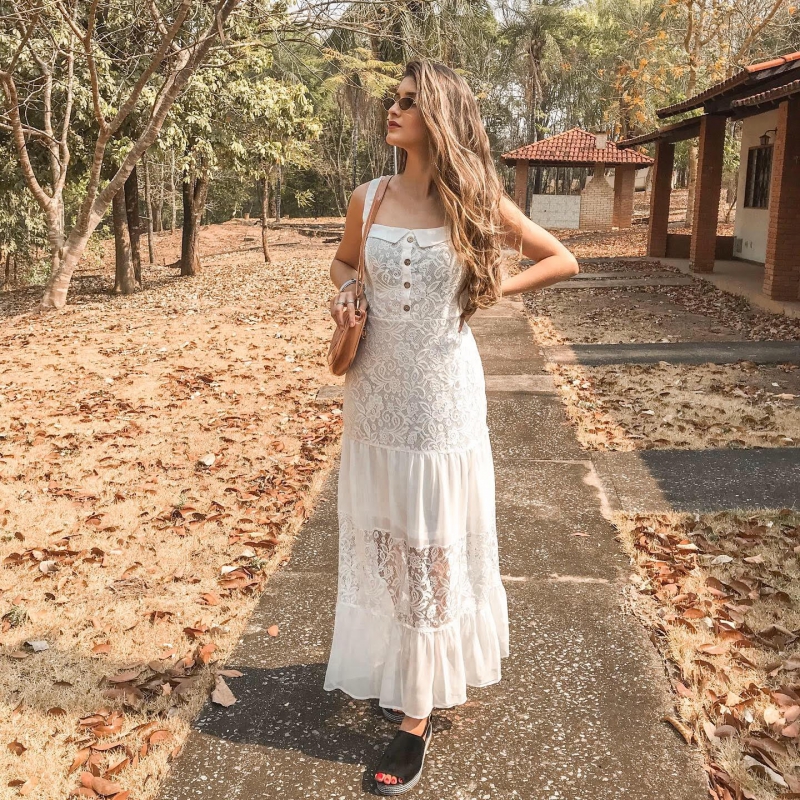 Lace Patchwork Ruffle Hem Button Detail Dress