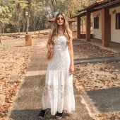 Lace Patchwork Ruffle Hem Button Detail Dress