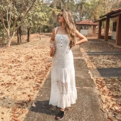 Lace Patchwork Ruffle Hem Button Detail Dress