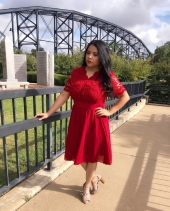 High Waist Lace Panel Short Sleeve Red Dress