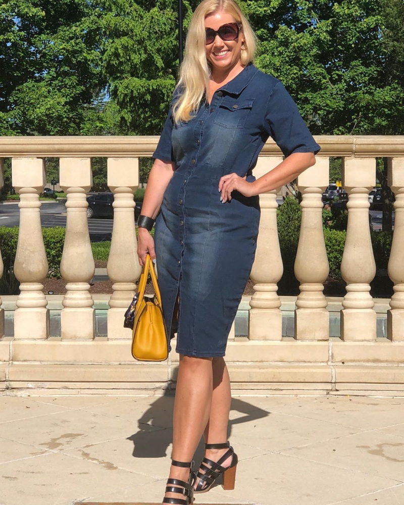 Turndown Collar Chest Pocket Button Up Denim Dress USD