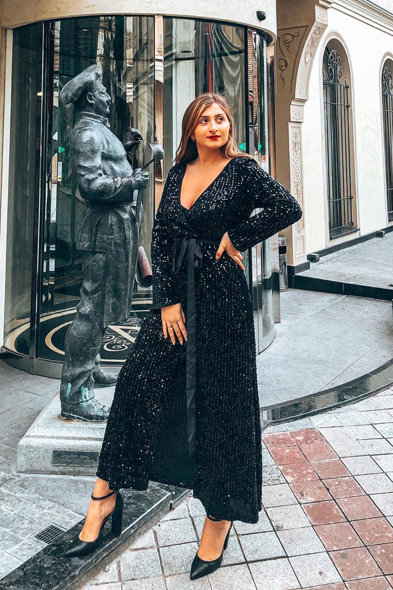 Long sleeve front slit belted sequin dress Clearance