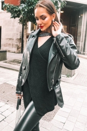 Cutout Front Asymmetric Hem Black Sweater