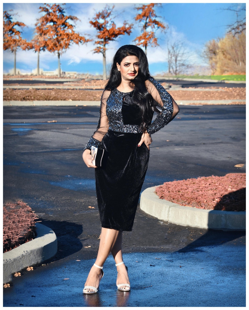 Black Sequin Embellished Back Slit Dress