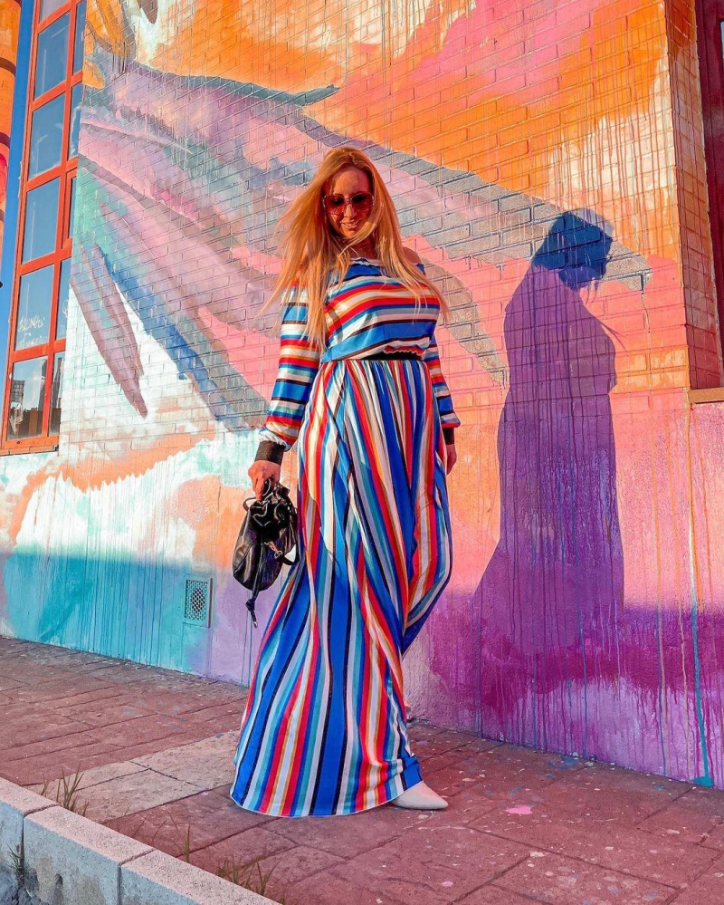 Off Shoulder Top and Rainbow Color Striped Skirt