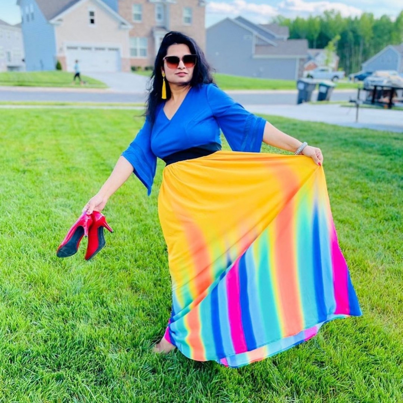 3/4 Sleeve Rainbow Stripe V Neck Dress