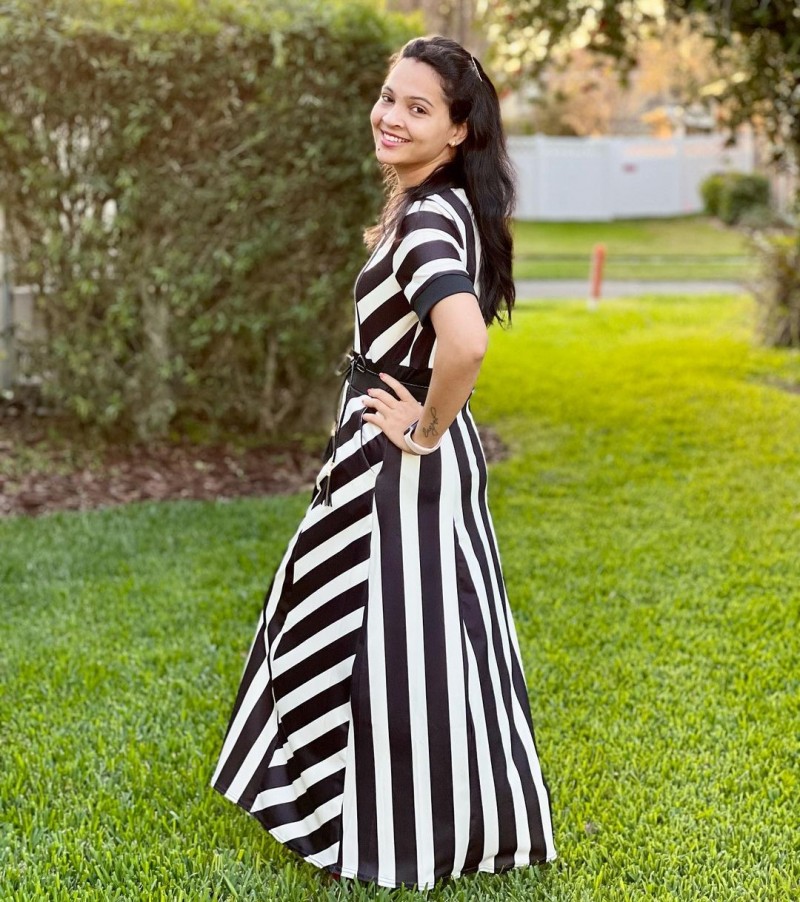 Round Neck Belted Color Block Striped Dress