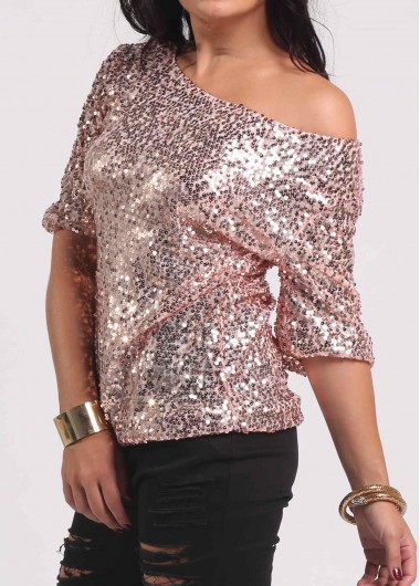 Half Sleeve Sequins Decorated Rose Pink T Shirt | Rosewe.com - USD $23.73