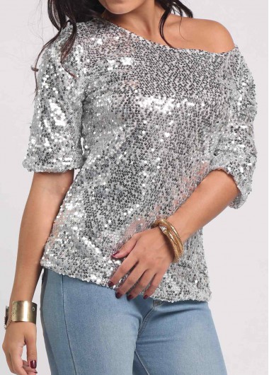 Sequins Decorated Solid Silver T Shirt | Rosewe.com - USD $23.73