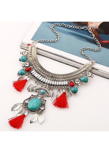 Leaf Shape and Tassel Decorated Metal Necklace