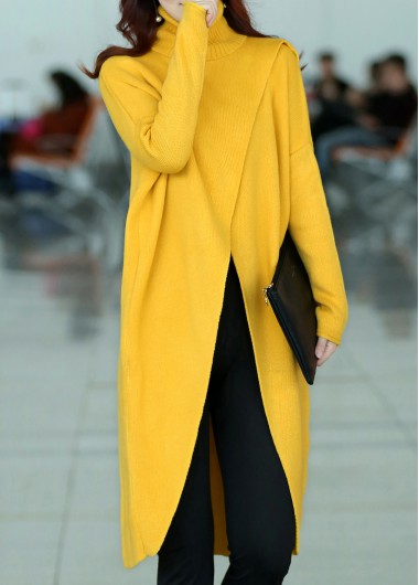 Long Sleeve Front Slit Turtleneck Yellow Sweater Long Sleeve Front Slit Turtleneck Yellow Sweater