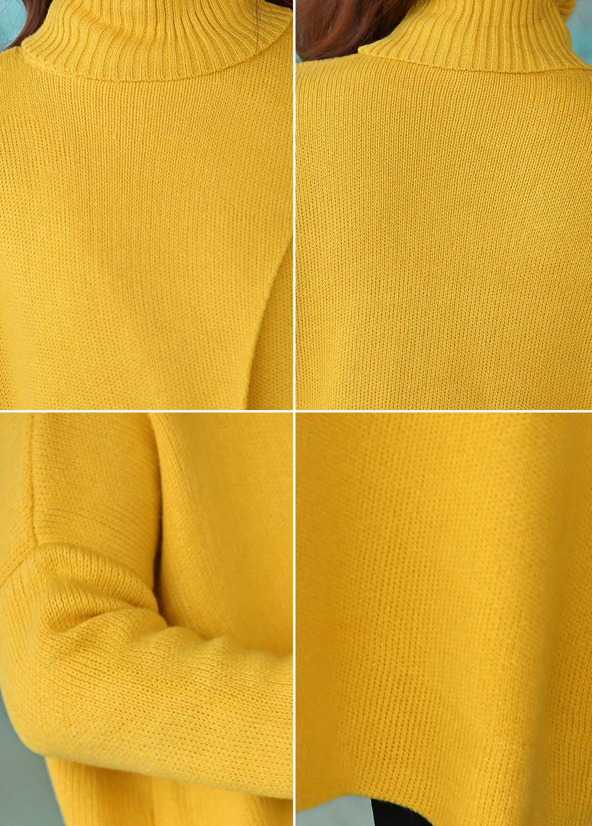 Front Slit Turtleneck Long Sleeve Yellow Sweater | Rosewe.com ...