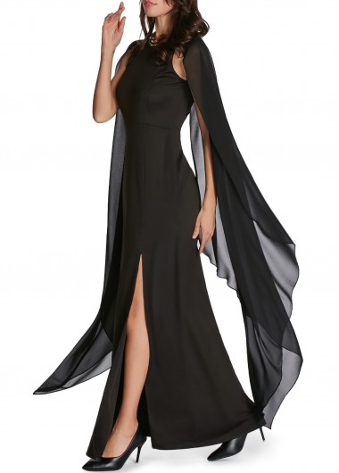 Front Slit Cape Sleeve Solid Black Maxi Dress