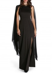 Front Slit Cape Sleeve Solid Black Maxi Dress