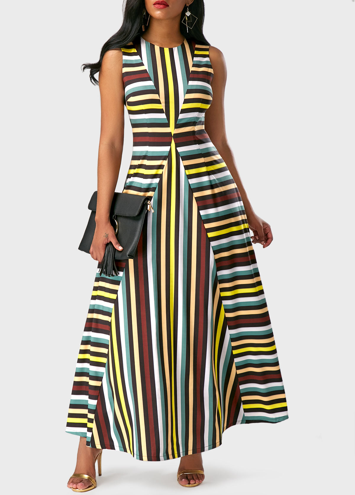 Sleeveless Stripe Print Round Neck Maxi Dress | Rosewe.com - USD $35.33