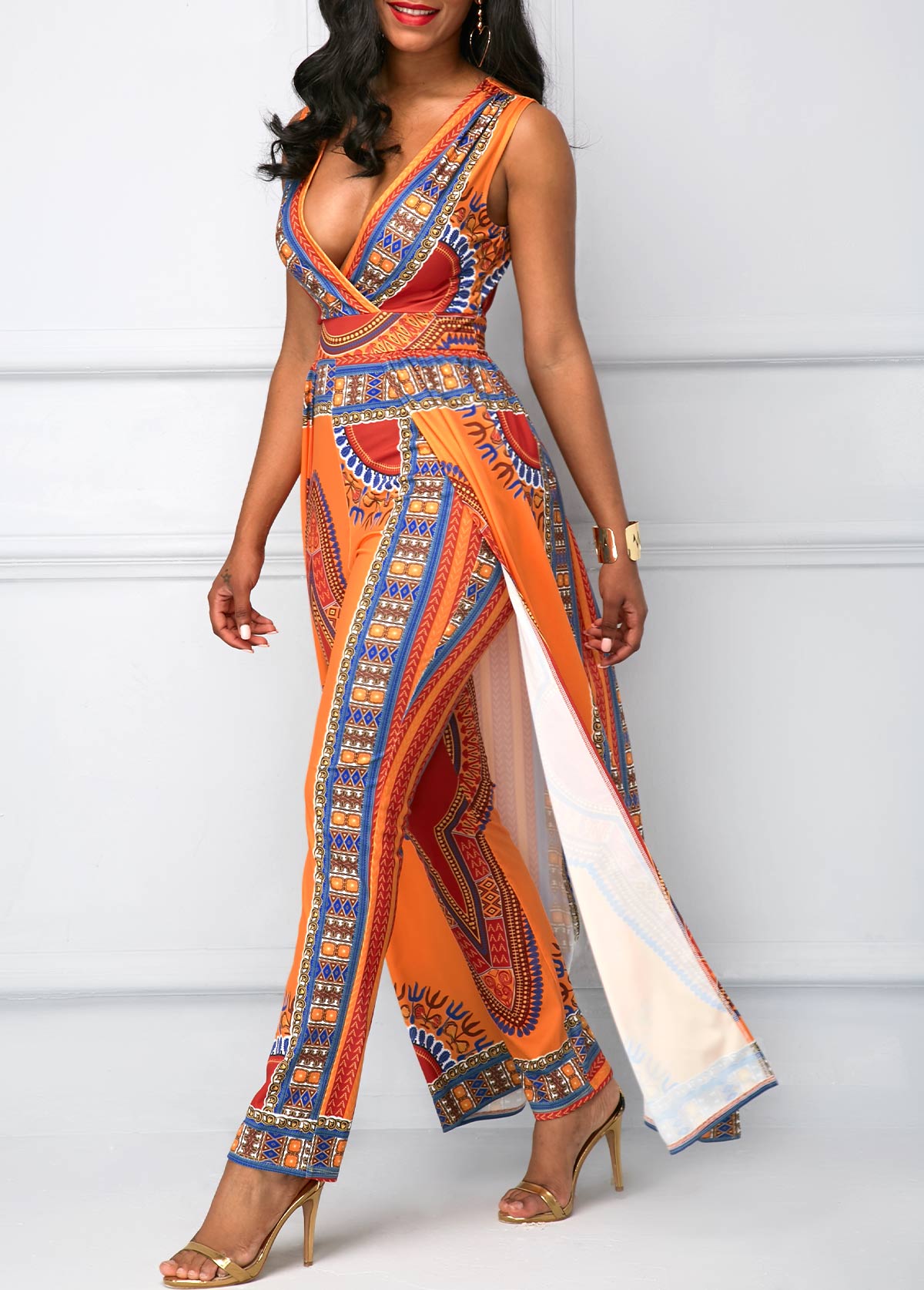 V Neck Overlay Embellished Dashiki Print Orange Jumpsuit