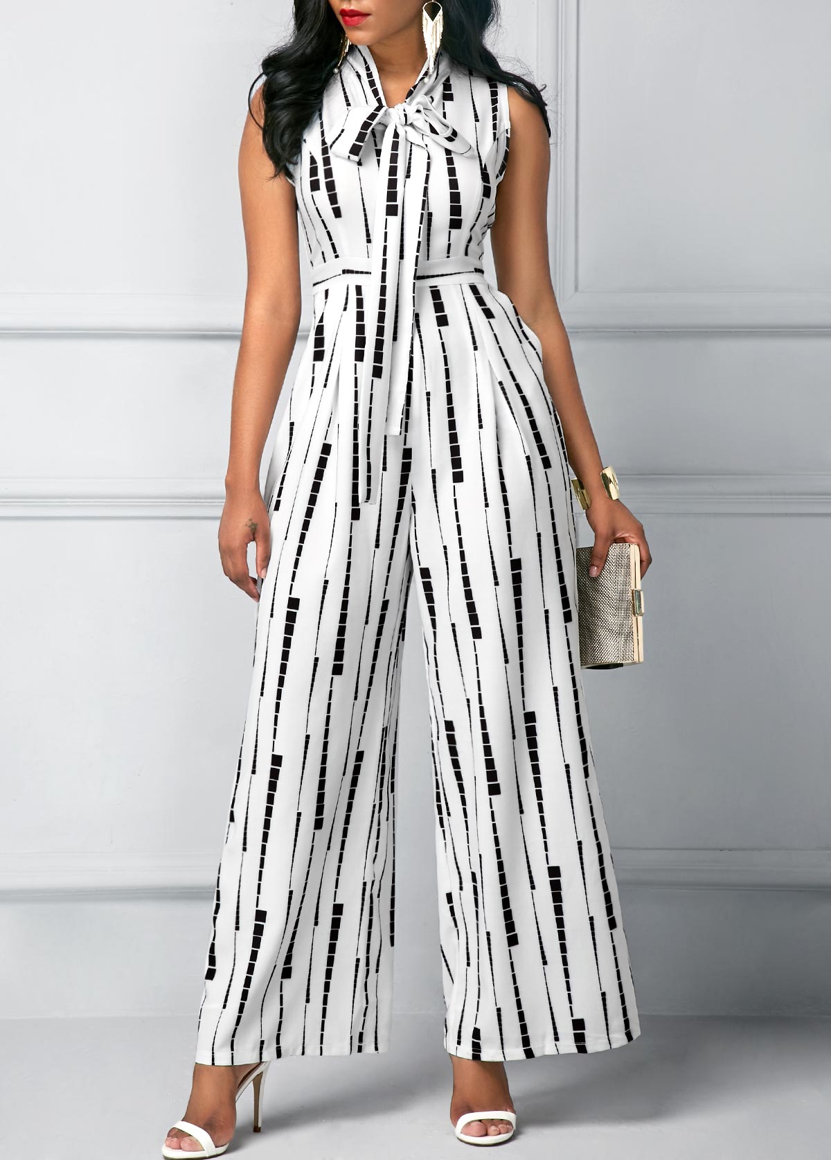 Sleeveless High Waist Printed White Jumpsuit USD 34.88