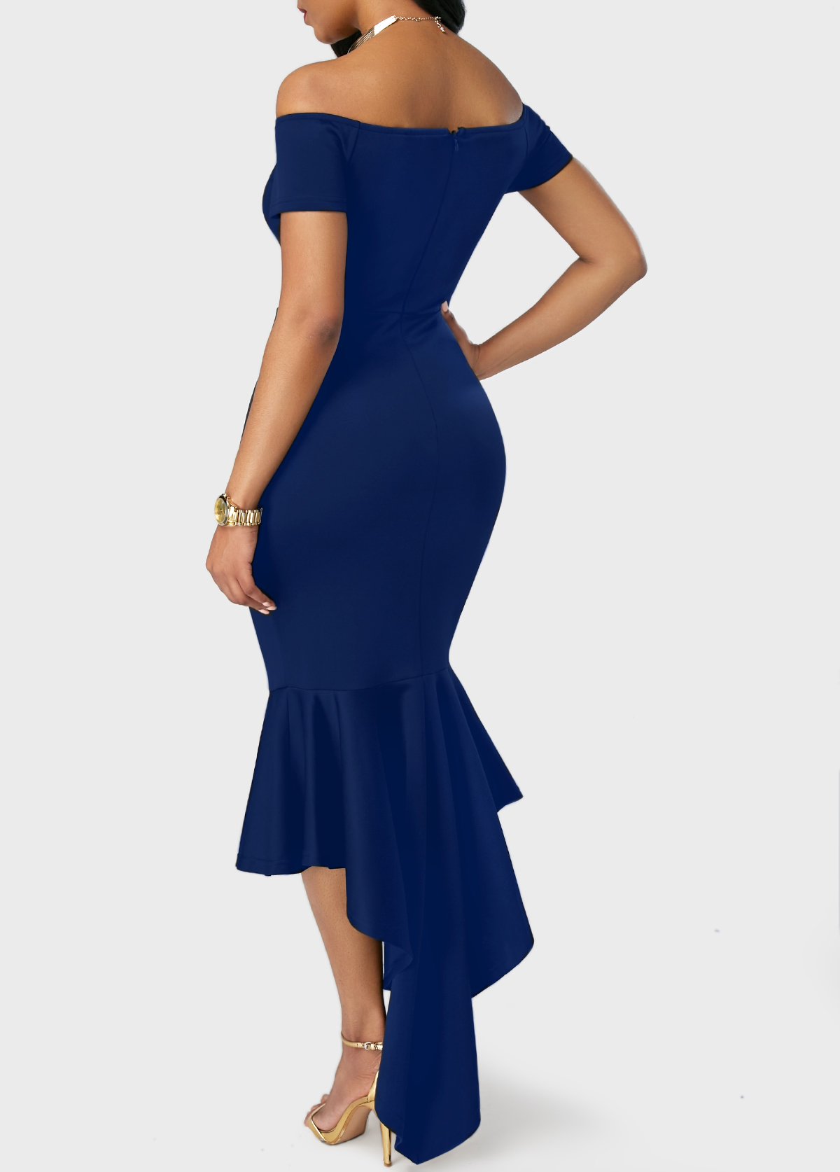 Navy Blue Off the Shoulder Peplum Hem Dress