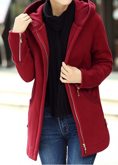 Wine Red Hooded Long Sleeve Pockets Trench Coat