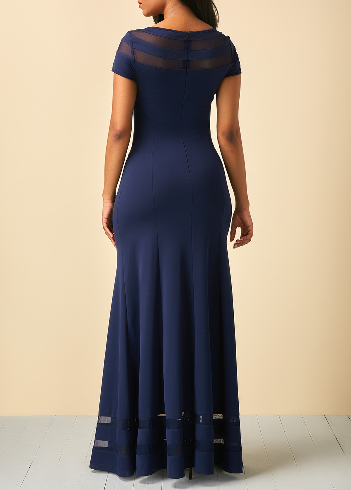 Mesh Panel Cap Sleeve Navy Blue Maxi Dress USD 32.31