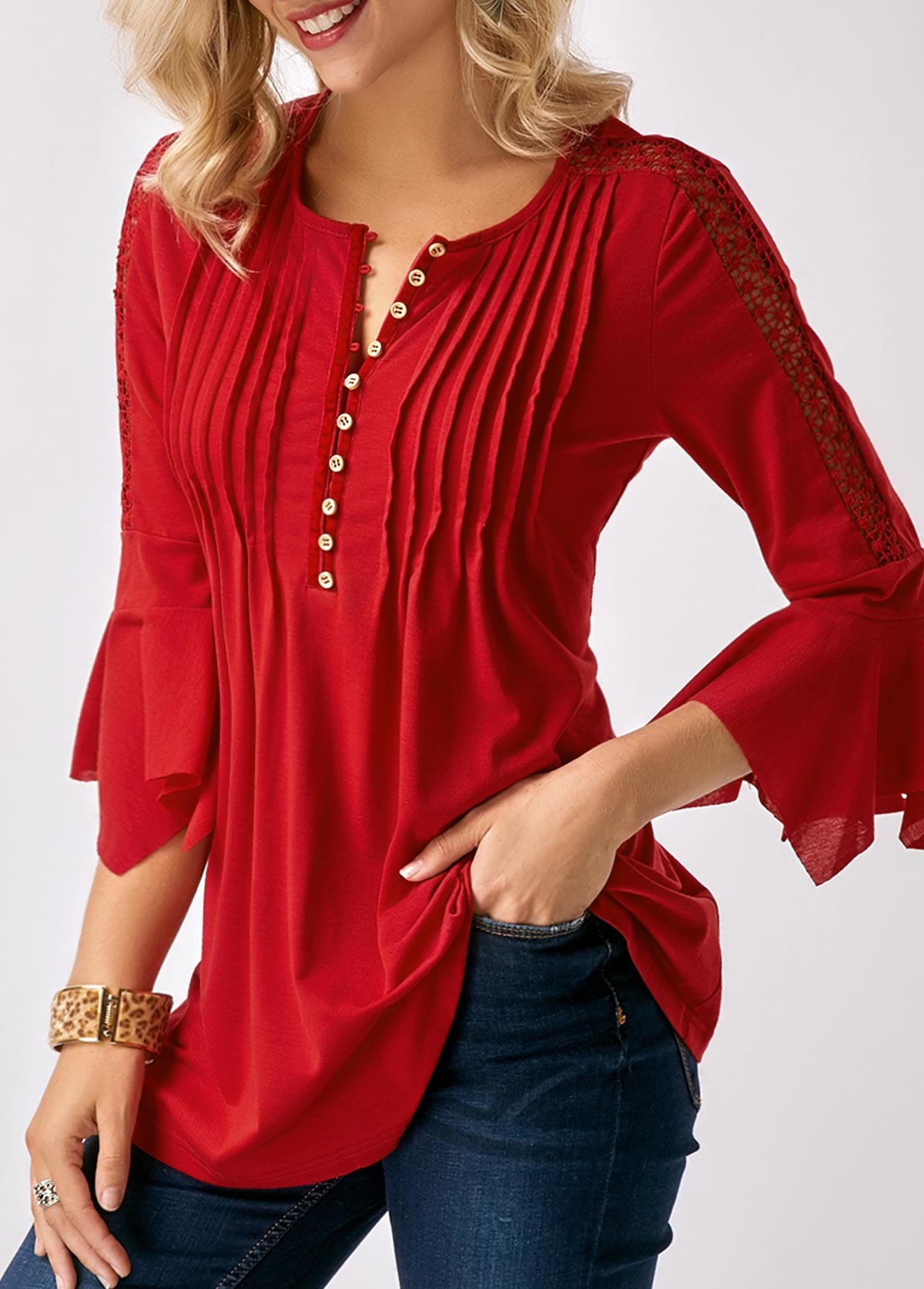 Three Quarter Sleeve Crinkle Chest Button Neck Blouse | Rosewe.com ...