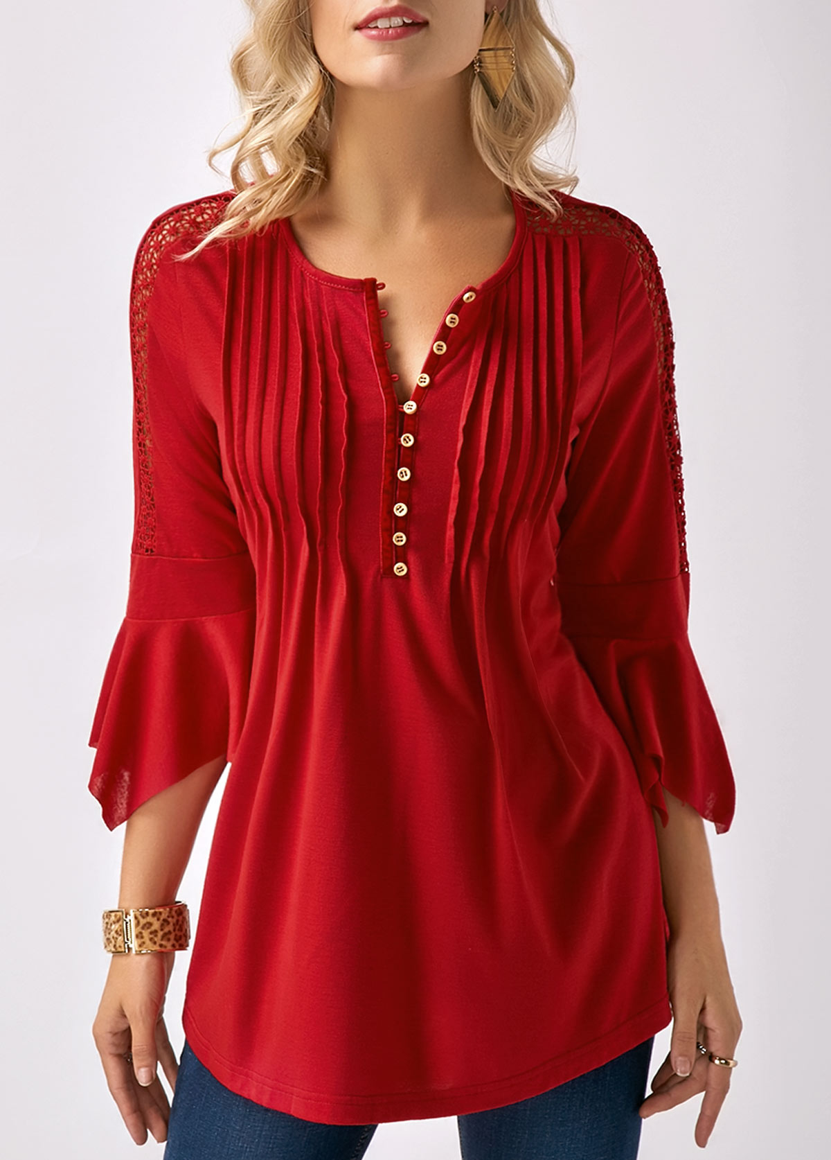 Three Quarter Sleeve Crinkle Chest Button Neck Blouse | Rosewe.com ...