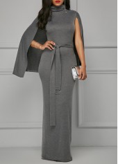 Grey High Neck Belted Maxi Cape Dress 