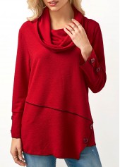 Plaid Print Button Embellished Cowl Neck T Shirt