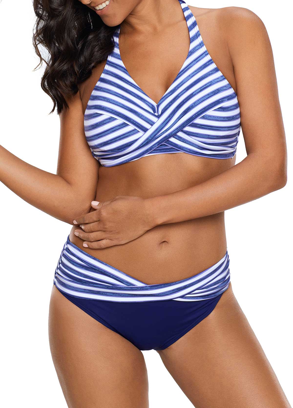 Halter Blue Twist Front Striped Bikini Set