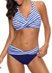 Halter Blue Twist Front Striped Bikini Set