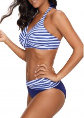 Halter Blue Twist Front Striped Bikini Set